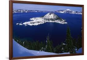 Snow Covered Wizard Island on Crater Lake-Paul Souders-Framed Photographic Print