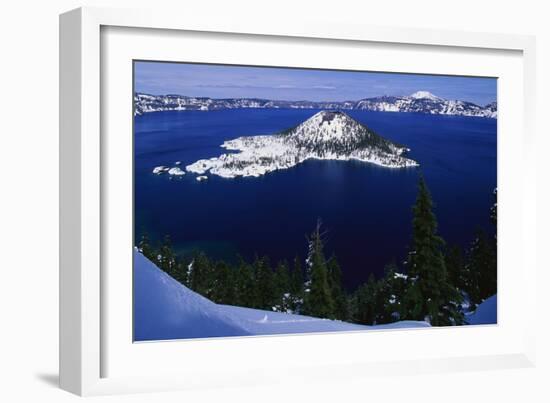 Snow Covered Wizard Island on Crater Lake-Paul Souders-Framed Photographic Print