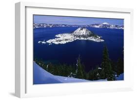 Snow Covered Wizard Island on Crater Lake-Paul Souders-Framed Photographic Print