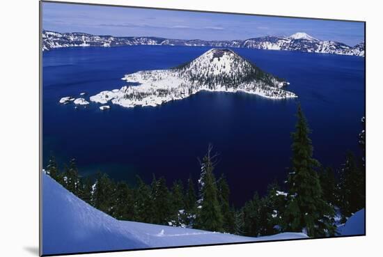 Snow Covered Wizard Island on Crater Lake-Paul Souders-Mounted Photographic Print