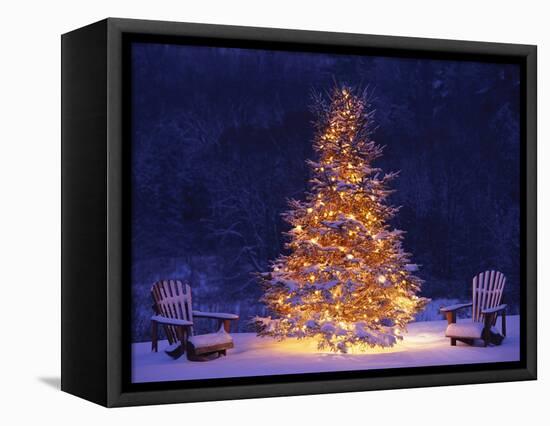 Snow Covering Adirondack Chairs by Lit Christmas Tree-Jim Craigmyle-Framed Stretched Canvas