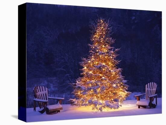 Snow Covering Adirondack Chairs by Lit Christmas Tree-Jim Craigmyle-Stretched Canvas