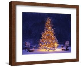 Snow Covering Adirondack Chairs by Lit Christmas Tree-Jim Craigmyle-Framed Photographic Print