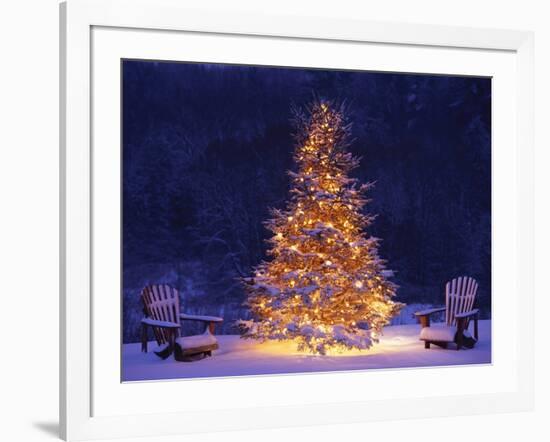 Snow Covering Adirondack Chairs by Lit Christmas Tree-Jim Craigmyle-Framed Photographic Print