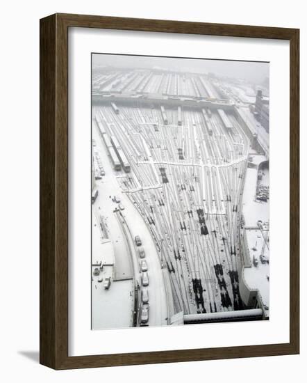 Snow Covers the Railroad Tracks at the Westside Railyard as Snow Falls on New York-null-Framed Photographic Print