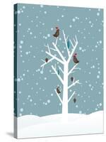 Snow Fall Background with Birds Sitting on Dry Tree Branch Vector for Merry Christmas-Allies Interactive-Stretched Canvas