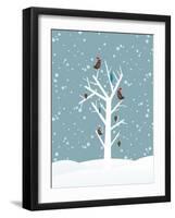 Snow Fall Background with Birds Sitting on Dry Tree Branch Vector for Merry Christmas-Allies Interactive-Framed Art Print