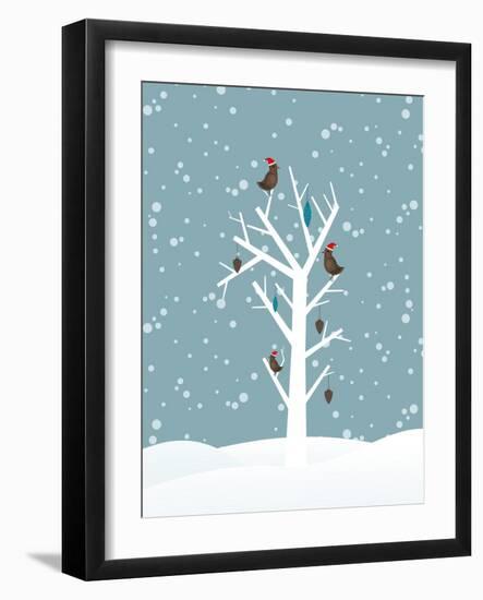 Snow Fall Background with Birds Sitting on Dry Tree Branch Vector for Merry Christmas-Allies Interactive-Framed Art Print