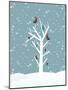 Snow Fall Background with Birds Sitting on Dry Tree Branch Vector for Merry Christmas-Allies Interactive-Mounted Art Print