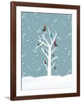 Snow Fall Background with Birds Sitting on Dry Tree Branch Vector for Merry Christmas-Allies Interactive-Framed Art Print