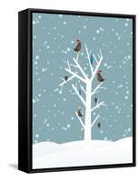 Snow Fall Background with Birds Sitting on Dry Tree Branch Vector for Merry Christmas-Allies Interactive-Framed Stretched Canvas