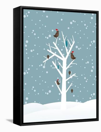 Snow Fall Background with Birds Sitting on Dry Tree Branch Vector for Merry Christmas-Allies Interactive-Framed Stretched Canvas