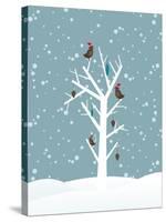 Snow Fall Background with Birds Sitting on Dry Tree Branch Vector for Merry Christmas-Allies Interactive-Stretched Canvas