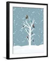 Snow Fall Background with Birds Sitting on Dry Tree Branch Vector for Merry Christmas-Allies Interactive-Framed Art Print