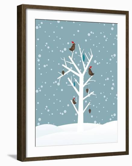 Snow Fall Background with Birds Sitting on Dry Tree Branch Vector for Merry Christmas-Allies Interactive-Framed Art Print