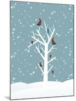 Snow Fall Background with Birds Sitting on Dry Tree Branch Vector for Merry Christmas-Allies Interactive-Mounted Art Print
