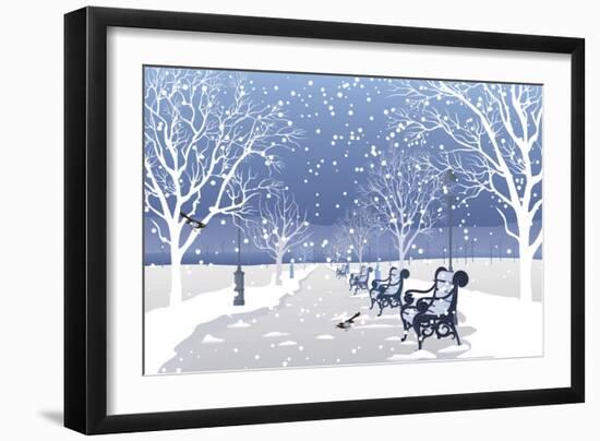 Snow falling in City Park-Milovelen-Framed Premium Giclee Print