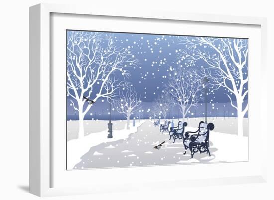 Snow falling in City Park-Milovelen-Framed Premium Giclee Print