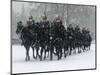 Snow Falling on Members of the Household Cavalry as They Cross Horse Guards Parade-null-Mounted Photographic Print