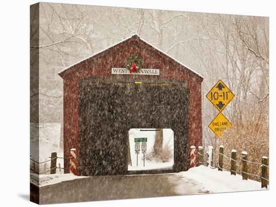 Snow Falling on the West Cornwall Covered Bridge over the Housatonic River, Connecticut, Usa-Jerry & Marcy Monkman-Stretched Canvas