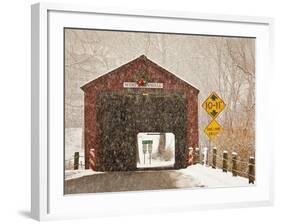 Snow Falling on the West Cornwall Covered Bridge over the Housatonic River, Connecticut, Usa-Jerry & Marcy Monkman-Framed Photographic Print