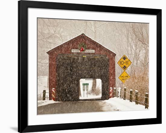 Snow Falling on the West Cornwall Covered Bridge over the Housatonic River, Connecticut, Usa-Jerry & Marcy Monkman-Framed Photographic Print