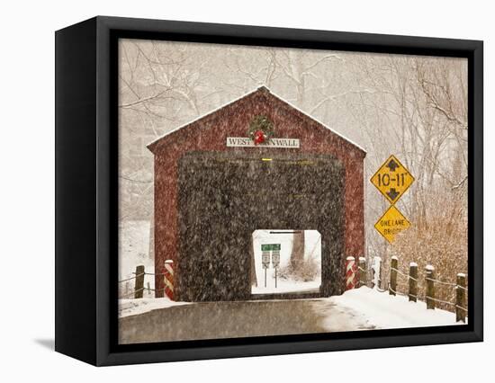 Snow Falling on the West Cornwall Covered Bridge over the Housatonic River, Connecticut, Usa-Jerry & Marcy Monkman-Framed Stretched Canvas