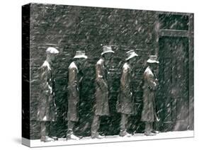 Snow Falls and Accumulates Atop George Segal's Depression Bread Line Sculpture-null-Stretched Canvas