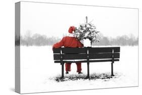 Snow Father Christmas Sitting on Park Bench-null-Stretched Canvas