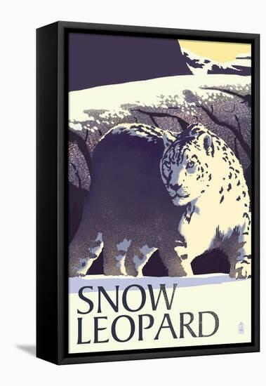 Snow Leopard - Lithograph Series-Lantern Press-Framed Stretched Canvas