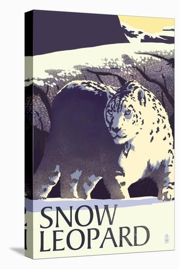 Snow Leopard - Lithograph Series-Lantern Press-Stretched Canvas