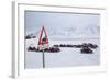 Snow Mobile Traffic Sign in Front of Snow Mobiles-Stephen Studd-Framed Photographic Print