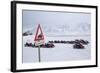 Snow Mobile Traffic Sign in Front of Snow Mobiles-Stephen Studd-Framed Photographic Print