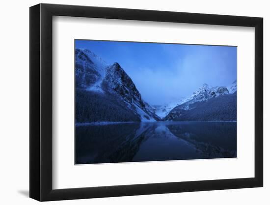 Snow on Lake Louise at Night, Very Early Morning Sunrise with the Mountains Reflecting in the Lake-sammyc-Framed Photographic Print
