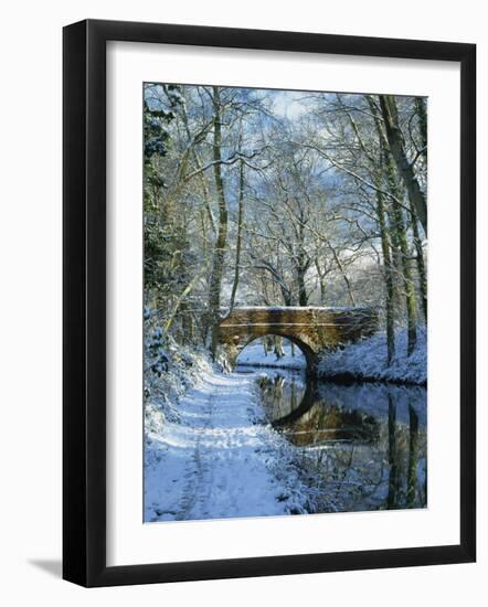 Snow on the Basingstoke Canal, Stacey's Bridge and Towpath, Winchfield, Hampshire, England, UK-Pearl Bucknall-Framed Photographic Print