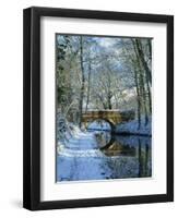 Snow on the Basingstoke Canal, Stacey's Bridge and Towpath, Winchfield, Hampshire, England, UK-Pearl Bucknall-Framed Photographic Print