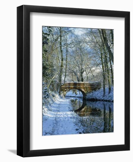 Snow on the Basingstoke Canal, Stacey's Bridge and Towpath, Winchfield, Hampshire, England, UK-Pearl Bucknall-Framed Photographic Print