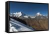 Snow on the Nyile La, a 4950m pass, and the peak of Jitchu Drake at 6714m in the distance, Bhutan,-Alex Treadway-Framed Stretched Canvas