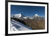 Snow on the Nyile La, a 4950m pass, and the peak of Jitchu Drake at 6714m in the distance, Bhutan,-Alex Treadway-Framed Photographic Print