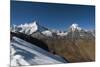 Snow on the Nyile La, a 4950m pass, and the peak of Jitchu Drake at 6714m in the distance, Bhutan,-Alex Treadway-Mounted Photographic Print