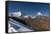 Snow on the Nyile La, a 4950m pass, and the peak of Jitchu Drake at 6714m in the distance, Bhutan,-Alex Treadway-Framed Stretched Canvas