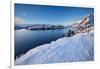 Snow over shore and mountains in winter, Lofoten Islands-Christophe Courteau-Framed Photographic Print