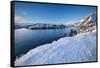 Snow over shore and mountains in winter, Lofoten Islands-Christophe Courteau-Framed Stretched Canvas