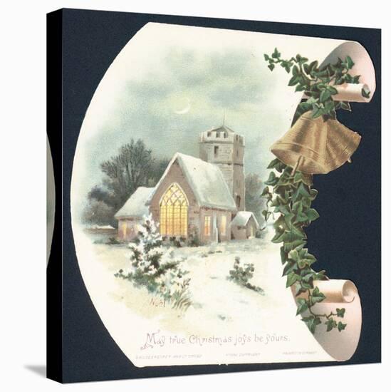 Snow Scene and Church, Christmas Card-null-Stretched Canvas