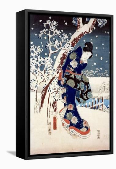 Snow Scene in the Garden of a Daimyo, Part of Triptych-Ando Hiroshige-Framed Stretched Canvas