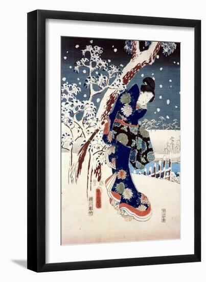 Snow Scene in the Garden of a Daimyo, Part of Triptych-Ando Hiroshige-Framed Giclee Print