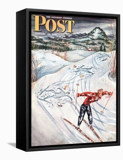 "Snow Skiier After the Falls," Saturday Evening Post Cover, January 25, 1947-Constantin Alajalov-Framed Stretched Canvas