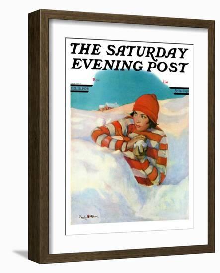 "Snowball Fight," Saturday Evening Post Cover, February 18, 1928-Penrhyn Stanlaws-Framed Premium Giclee Print