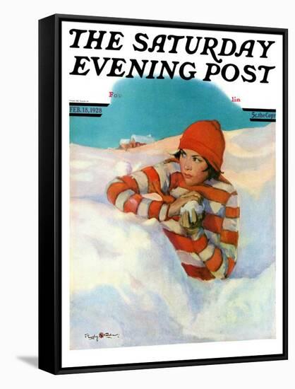 "Snowball Fight," Saturday Evening Post Cover, February 18, 1928-Penrhyn Stanlaws-Framed Stretched Canvas