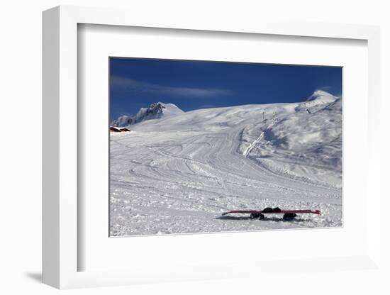 Snowboard in Snow on Ski Slope at Sun Windy Evening-BSANI-Framed Photographic Print